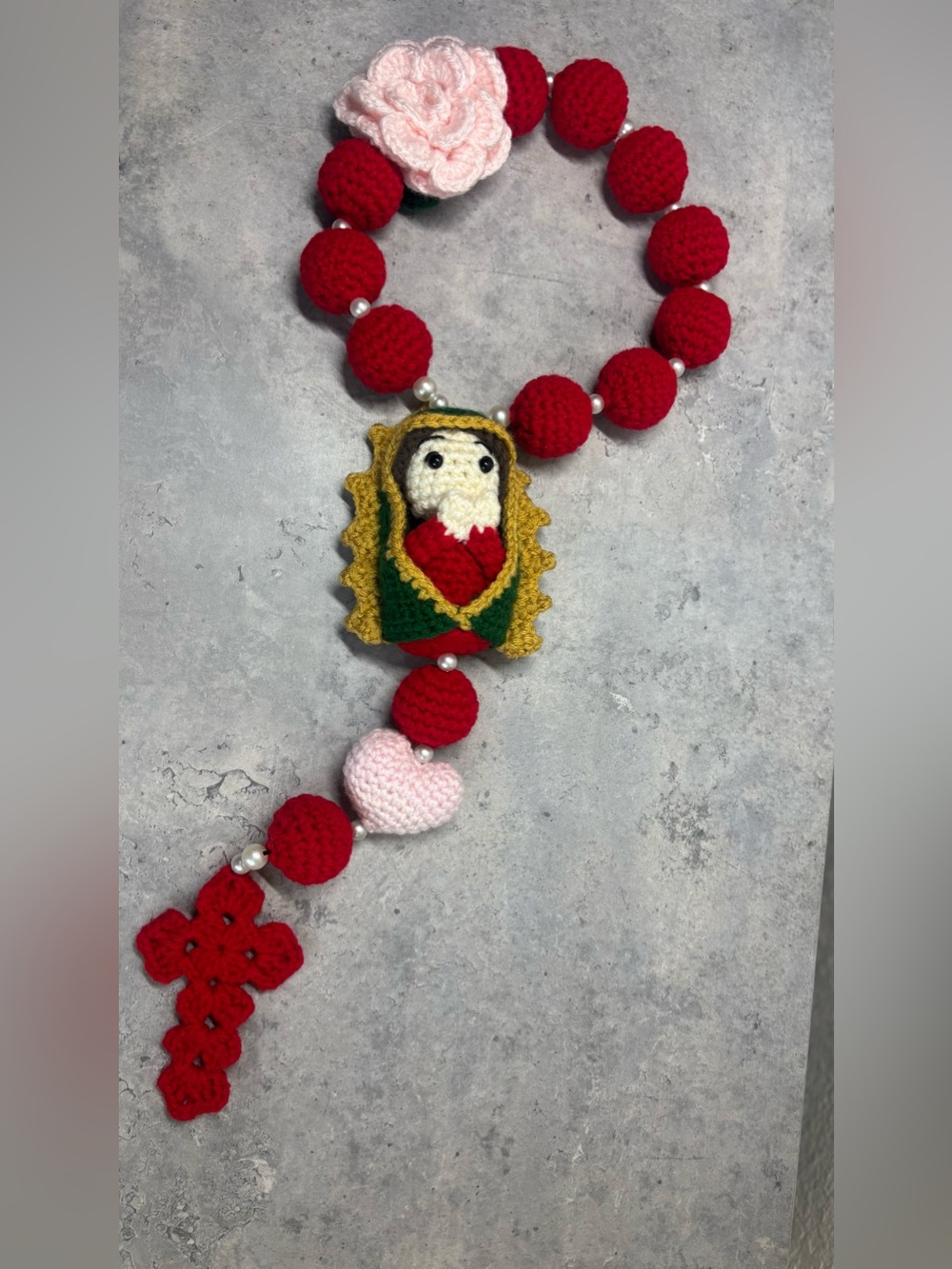 Handmade Red and Pink Crochet Rosary Car hanger Virgin Mary